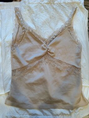 Lace Trim Satin Cami Tank Top - Nude